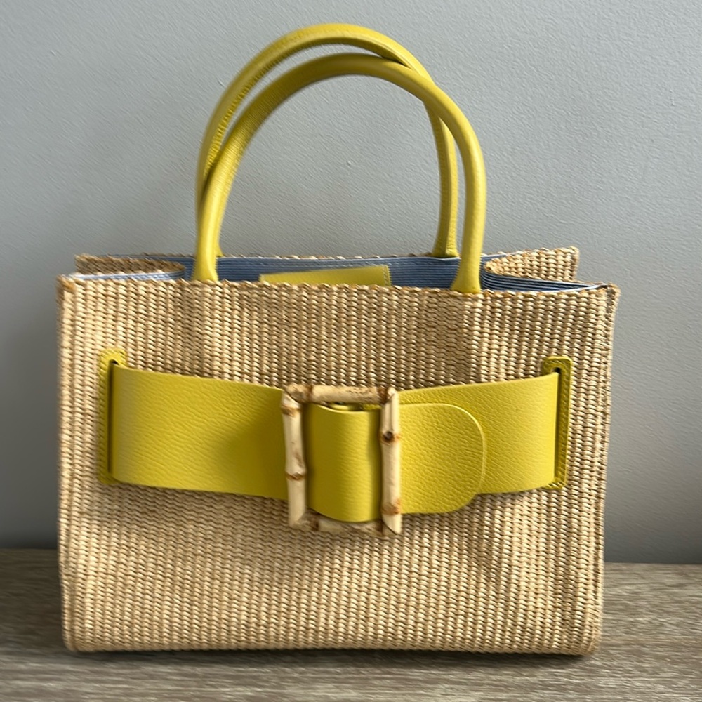 Yellow/light Lime Green and Tan Woven Handbag
